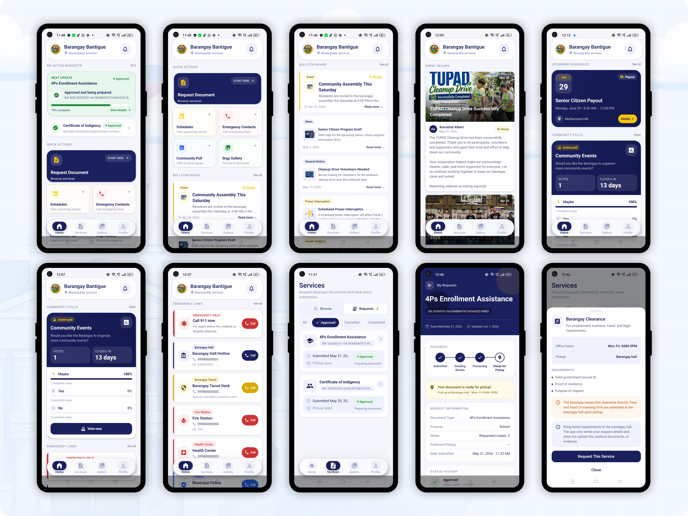 Barangay Buddy resident app — home, requests, services, community polls, and gallery screens