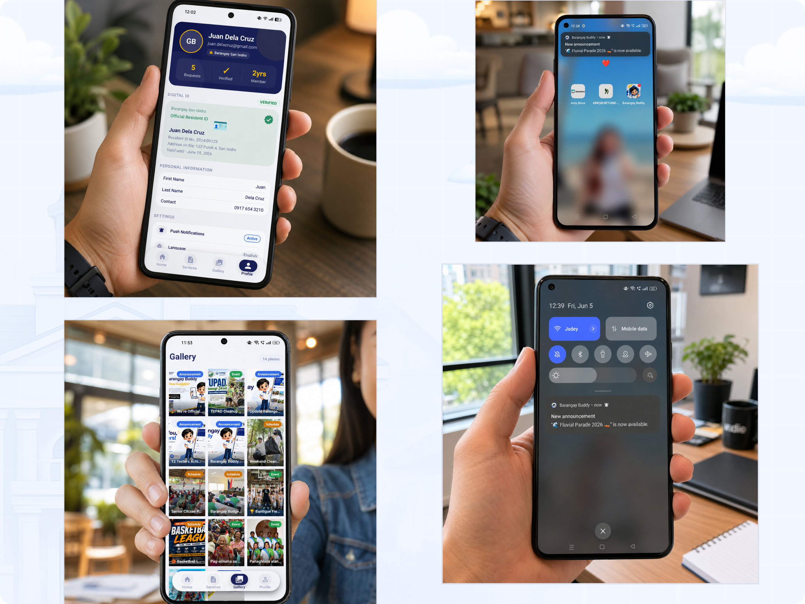 Barangay Buddy resident app shown in everyday use on a phone — profile, digital ID, and notifications