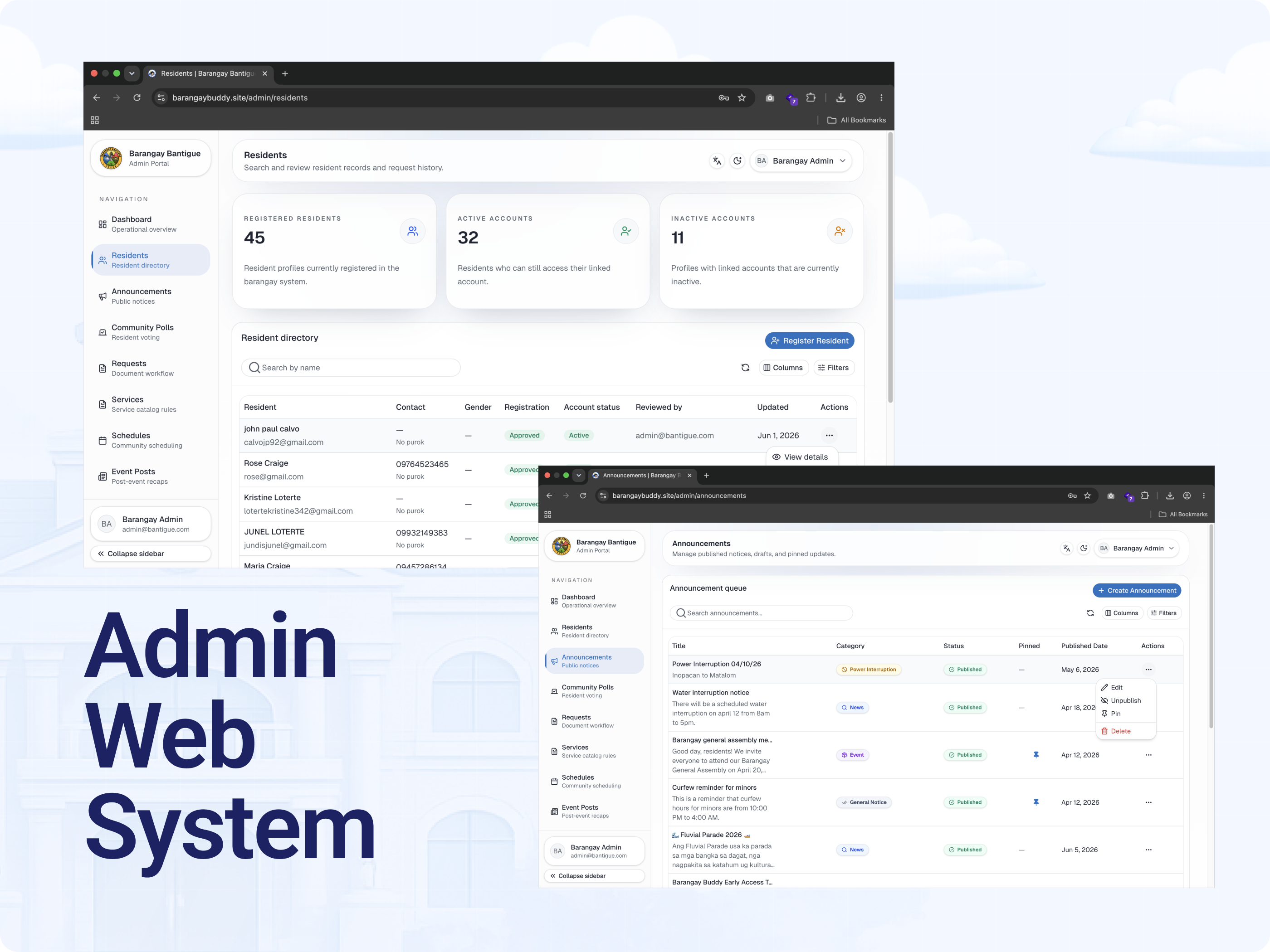 Barangay Buddy web admin portal — resident directory and announcements management