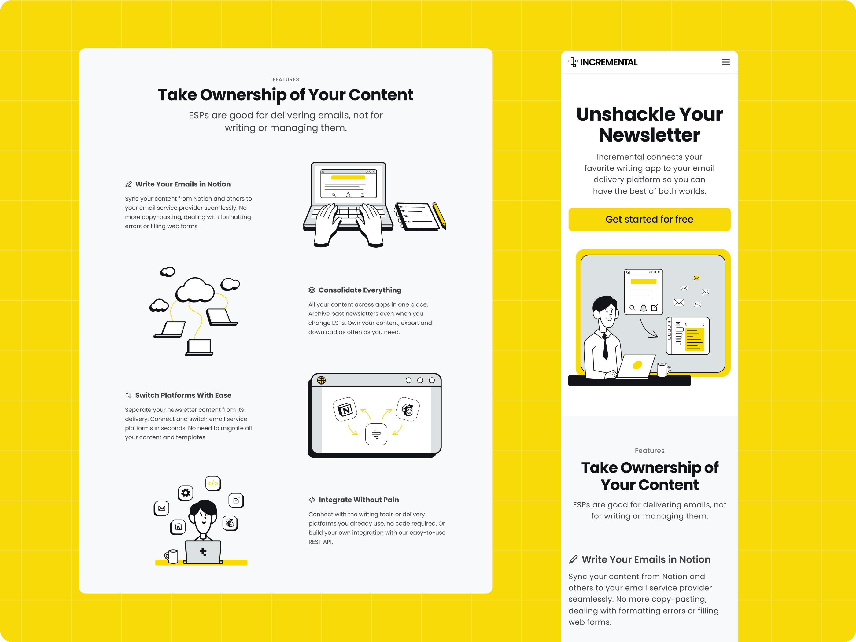 Incremental homepage — web, features and testimonials